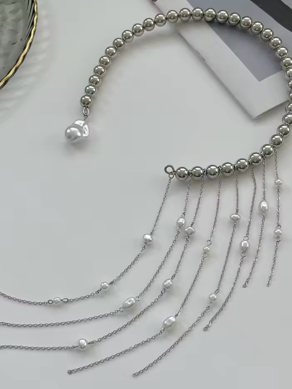 Delicate Silver Pearl Fringe Necklace - Picture 2 of 4